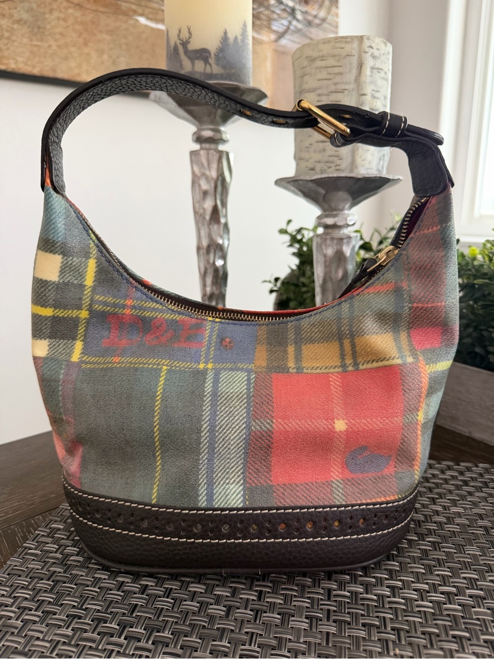 Vintage Y2K Dooney & Bourke Patched Plaid Shoulder Bag with Brown Leather Trim - Picture 2 of 8